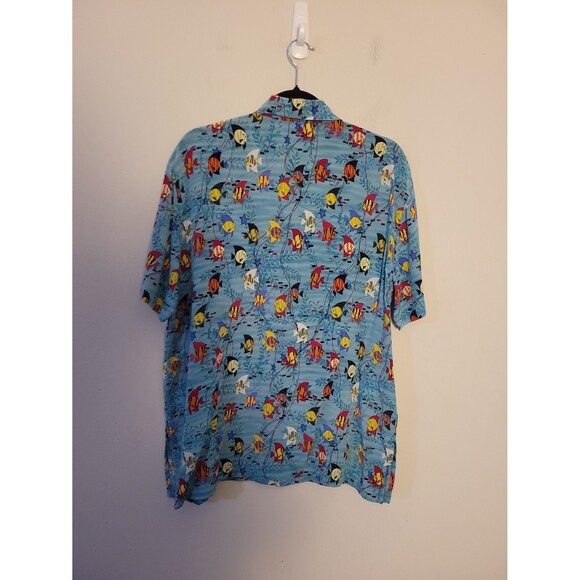Chico's Blue Silk Fish Print Button Up Shirt Sz L - Picture 4 of 5